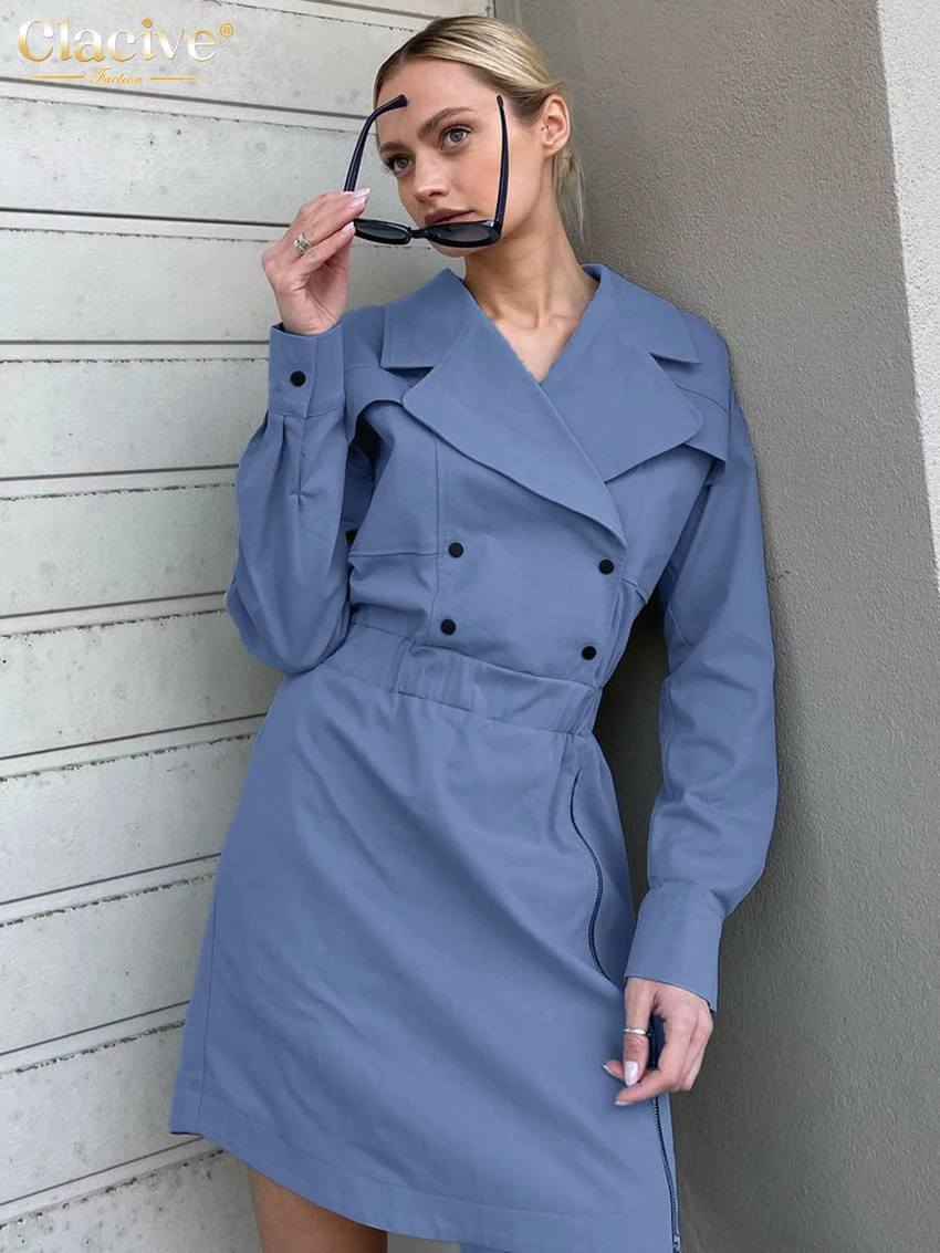 

Clacive Fashion Loose Blue Women Dress 2026 Autumn Lapel Long Sleeve Mini Dresses Elegant Classic Solid Female Dress Streetwear