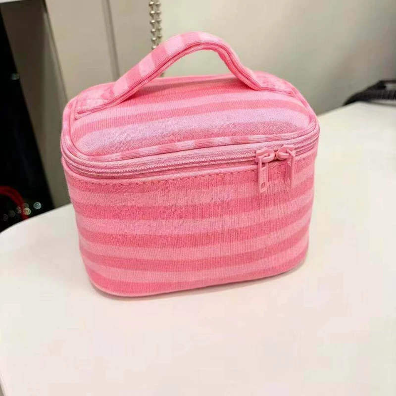 Koreanische Rosa Gestreifte Kosmetiktasche mit Spiegel, Niedliche Mini-Kosmetik-Aufbewahrungstasche, Tragbarer Reise-Beauty-Organizer für den täglichen Gebrauch von Mädchen – Detail 21