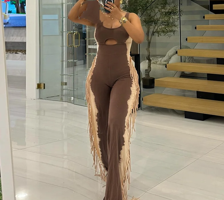 Vintage Hollow Vest Tassel Jumpsuit Women 2024 Summer New Sleeveless Square Neck Straight Wide Leg Fit High Waisted Playsuit