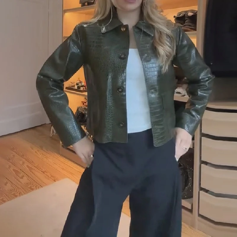 Vintage Croc Embossed Faux Leather Cropped Jacket For Women Lapel Collar Button Front Long Sleeve Casual Streetwear Outer Coat
