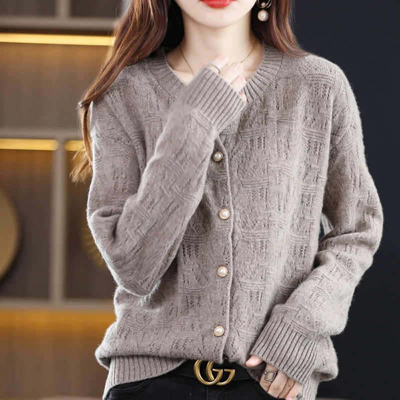 100% Wool Women New Flower Cardigan Long Sleeve Button Autumn And Winter Casual Fitted Lady Tops Knitwear 2023