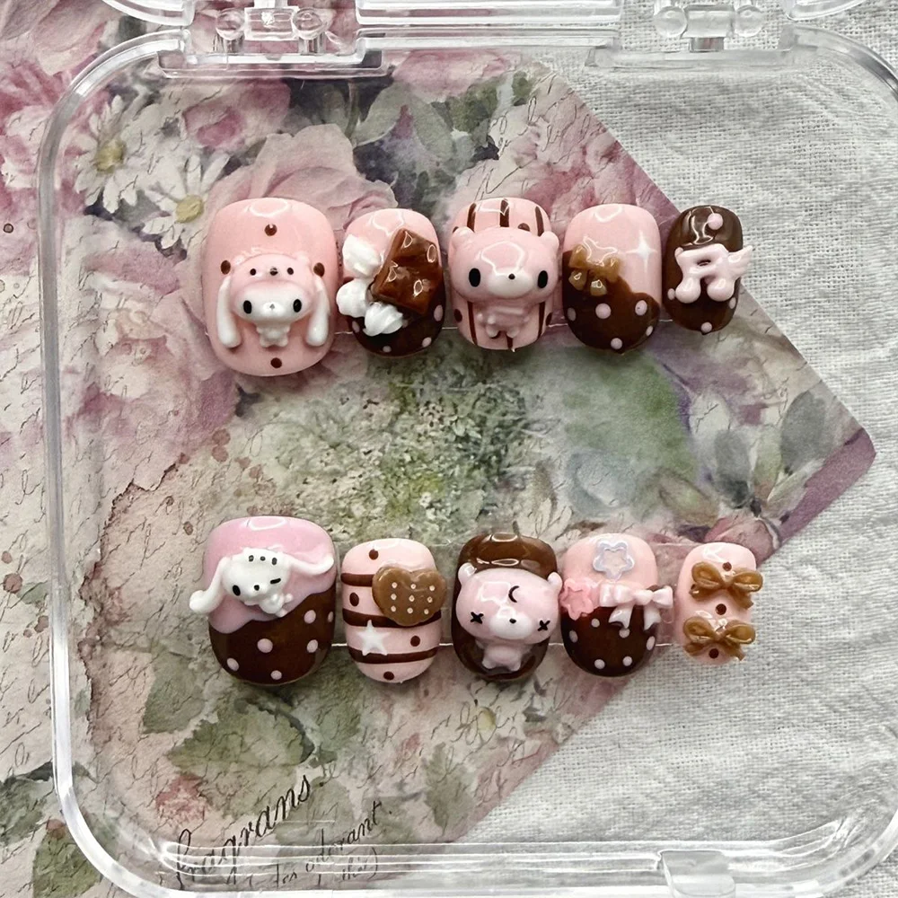 Cartoon Niedlicher Rosa Hase Dessert Liebesbär Ellipsen-Nagelkunst 3D Stern Schmetterling Knoten Flügel Punkt-Muster Künstliche Nägel Geburtstagsgeschenk – Detail 17