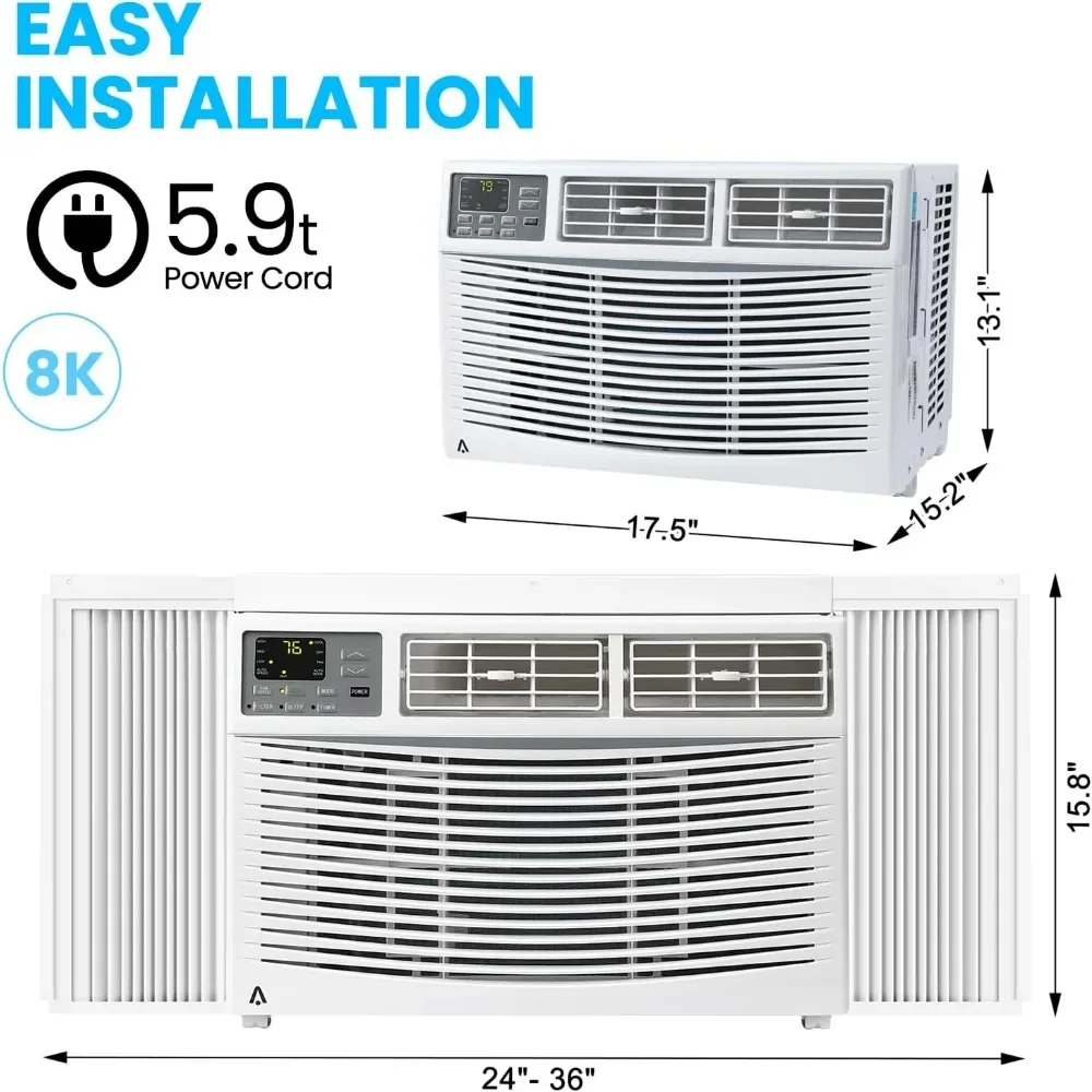 8000btu Window Air Conditioner Fast Cooling 350 Sq.ft., Remote Control, Wi-Fi Enabled, for Bedroom with 3 Cooling Modes