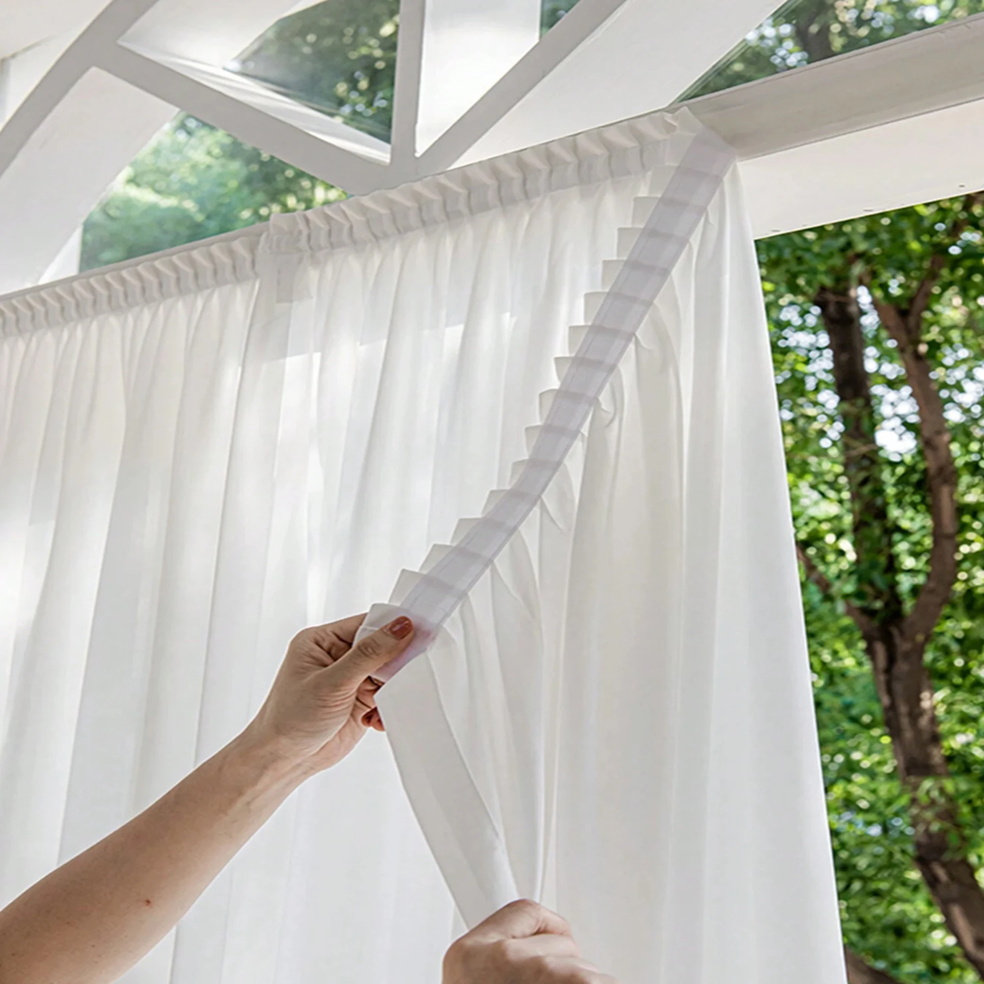 1pc White Ruffled adhesive tape Sheer Curtains, No-Drill Installation Light Filtering Privacy Voile for Living Room Bedroom