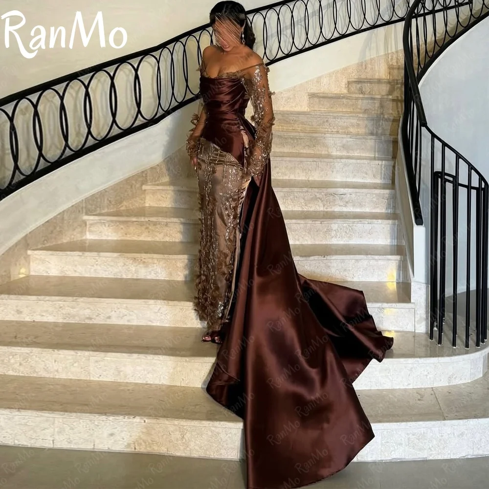 فساتين سهرة من Ranmo مخصصة باللون البني عالية الجودة مزينة بالزهور ومزينة بالترتر بدون أكتاف وذيل طويل