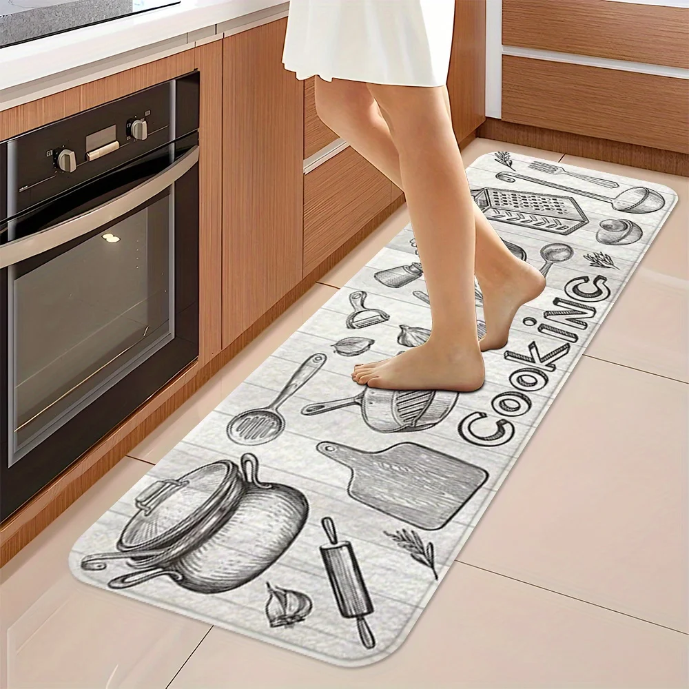 Black and White Kitchenware Sketch Print Runner Rug, Non Slip Long Floor Mat for Kitchen, Living Room, Washable Home Decor Mat