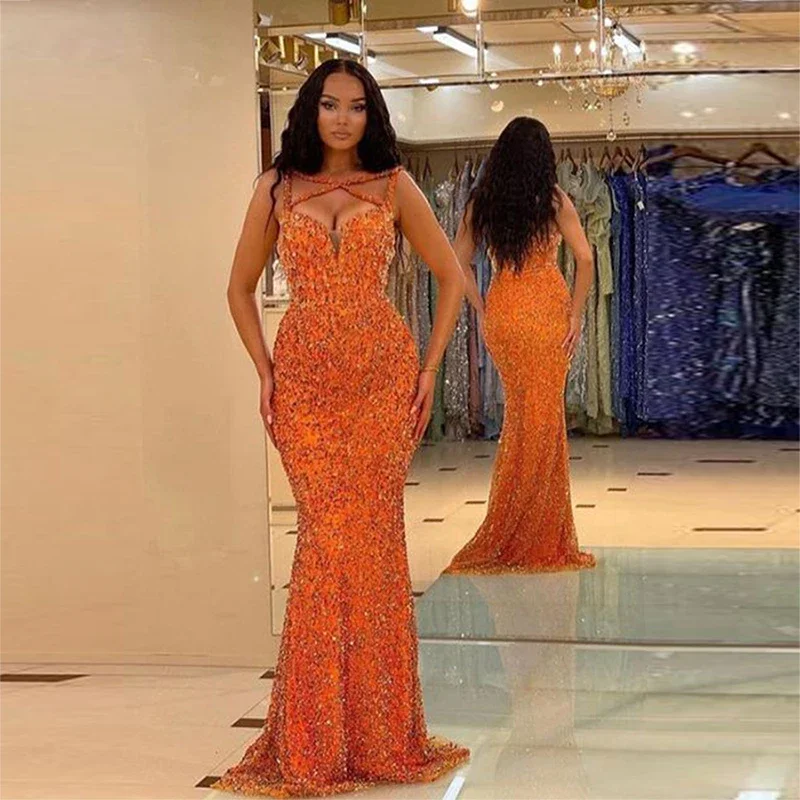 

Across Straps Sleeveless Evening Gowns Saudi Arabia Women Formal Occasion Party Dress Orange Sequined Mermaid Prom Dresses