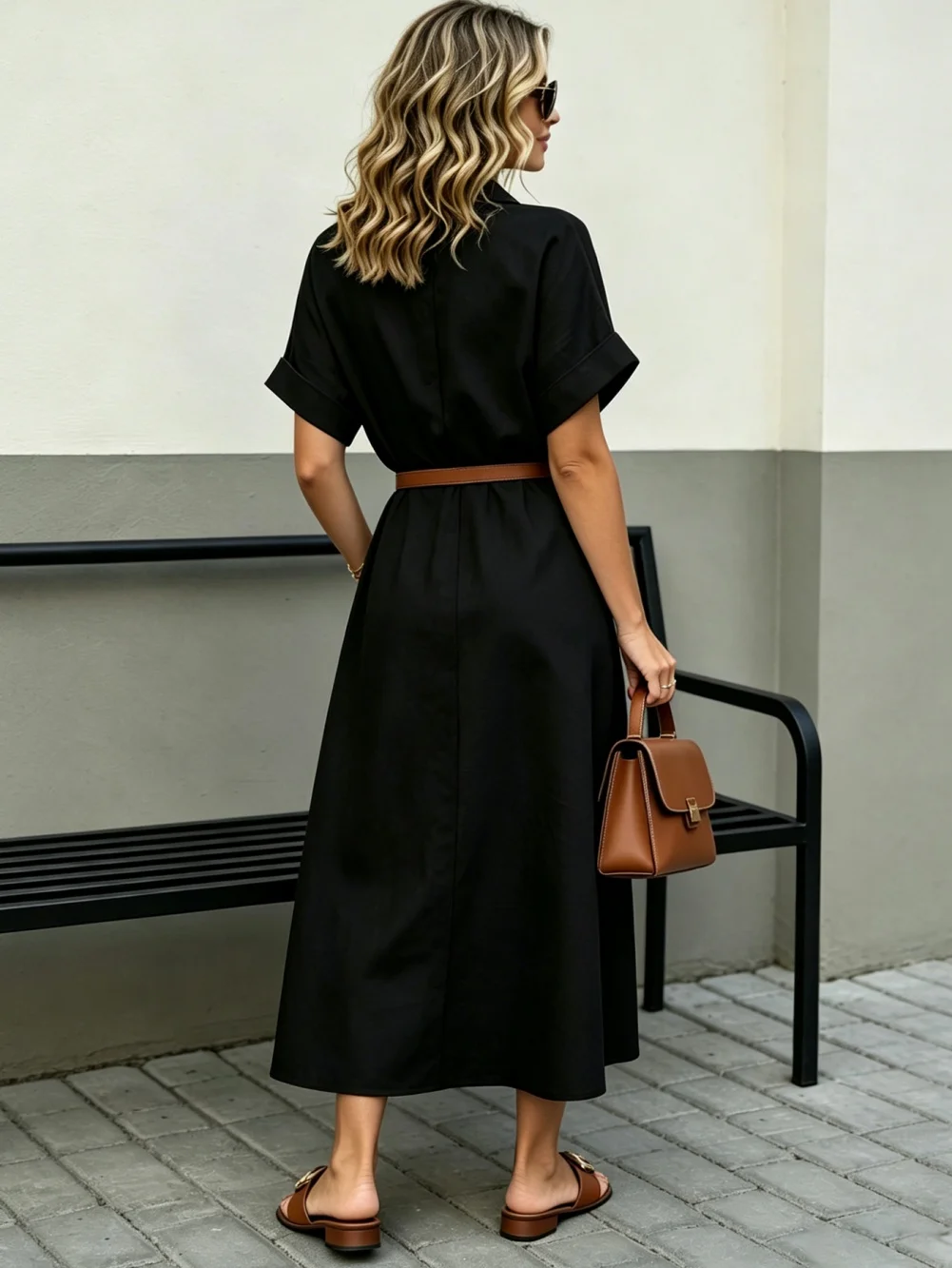 Ladies Elegant Casual Solid Color Basic Metal Button Shirt Dress No Belt Included