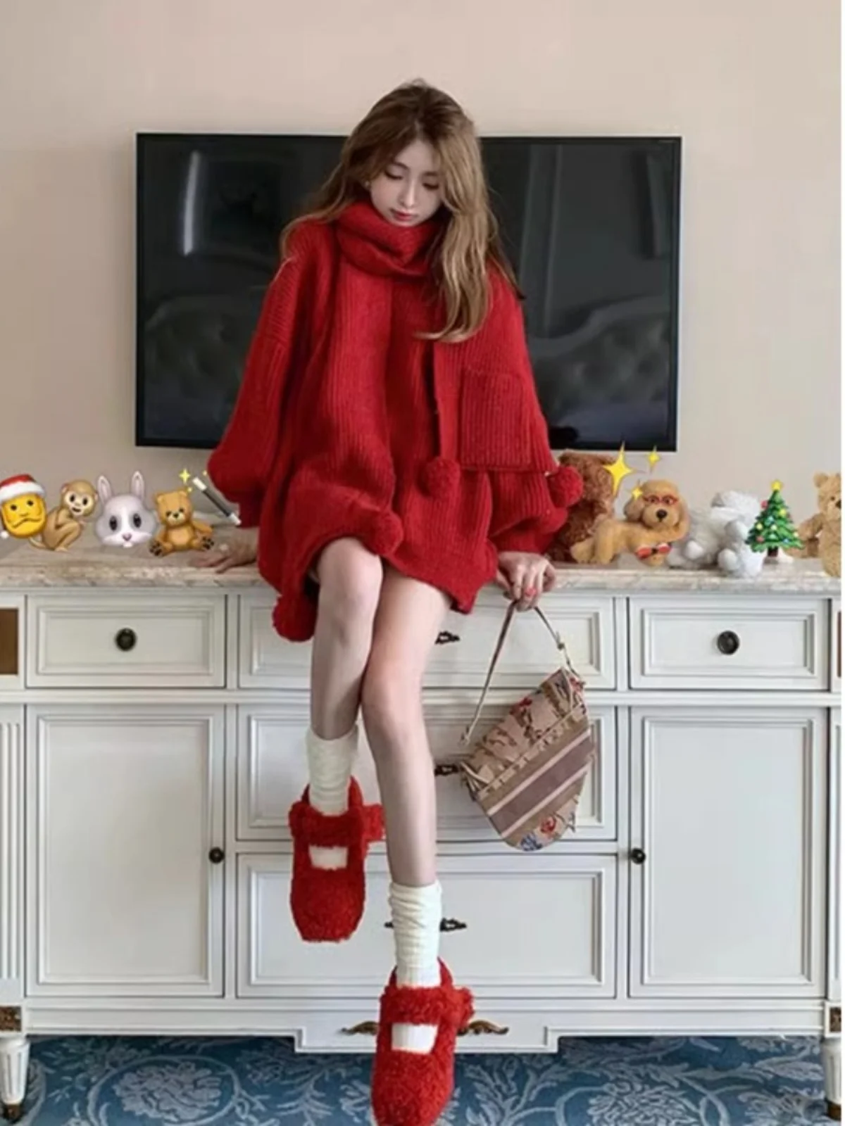 

Мягкий уютный вязаный шарф Cisas Aosphere красного цвета, женский свободный длинный свитер с высоким воротником из хлопка, верхняя одежда