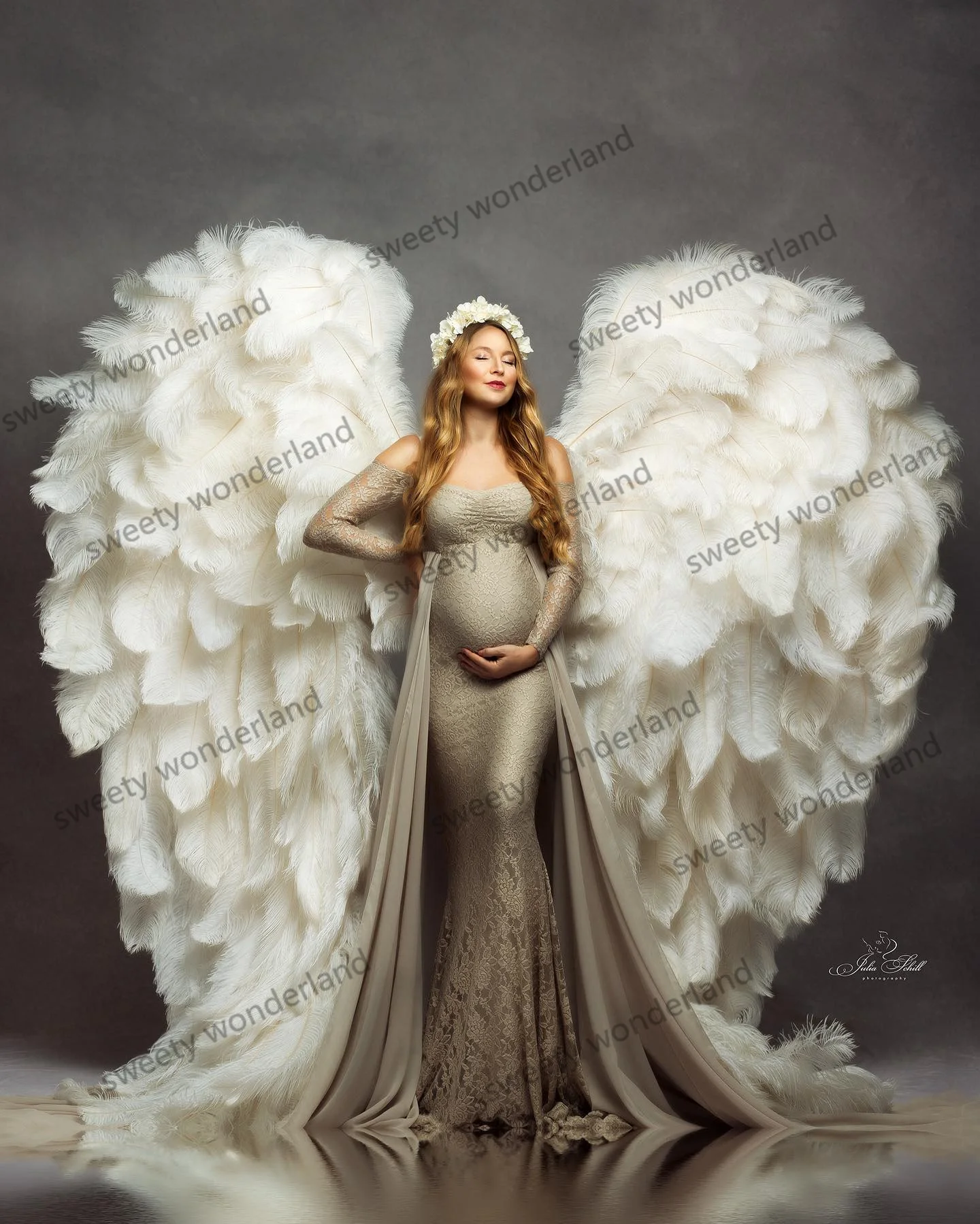 Fluffy Maternity Photoshoot Dress Long Sleeves Lace Off the Shoulder Kimono Baby Shower Robe Mermaid Prom Gown