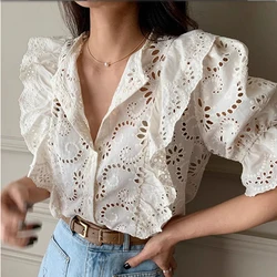 Vintage Solid Loose Hollow Out Design Ruffles Splicing Shirt Woman Elegant O-neck Puff Sleeves Single Breast Blouse Ins