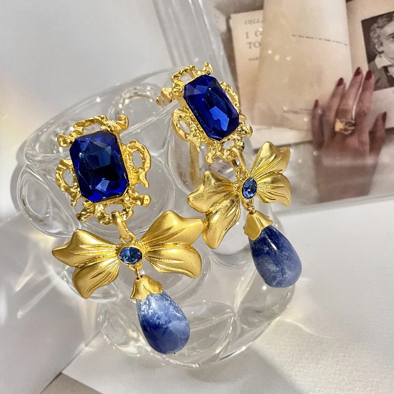 Vintage Retro Style Design Bowknot Earrings Rhinestone Handmade Blue Glass Geometric Dangle Drop Earrings for Women