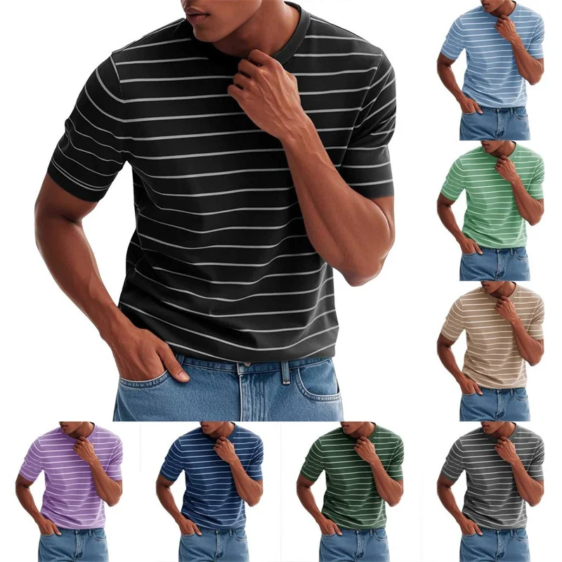 Fashion Men Classic Stripe T-shirt Short Sleeve Round Polyester Loose T Shirts Vintage Daily OOTD Summer Casual Blue Striped Tee