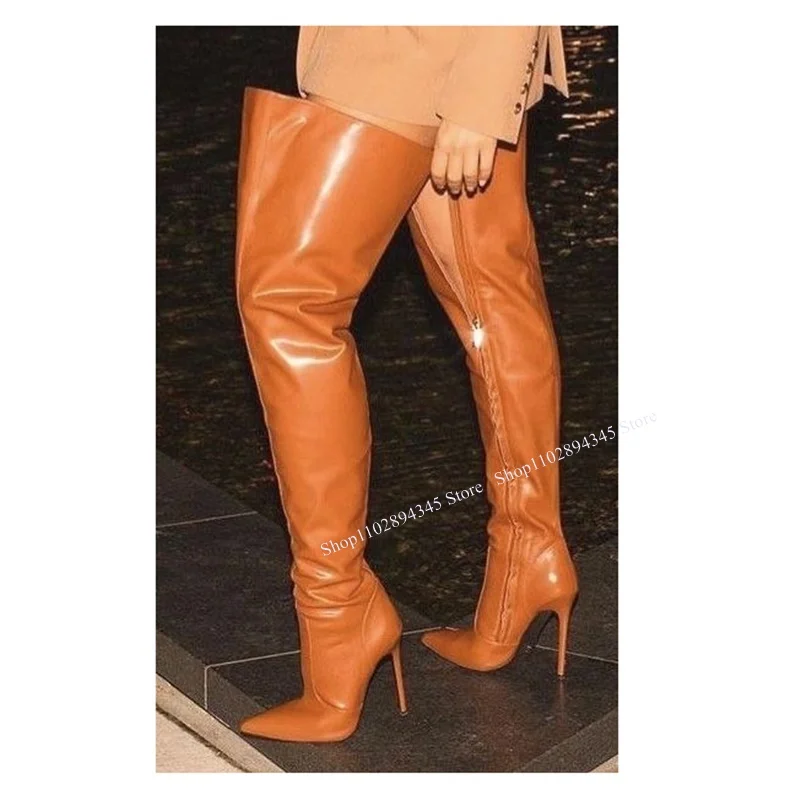 

Brown Over Knee High Zipper Boots Thin High Heel Pointed Toe Cool Fashion Summer Casual Big Size Woman Shoes Zapatillas Mujer