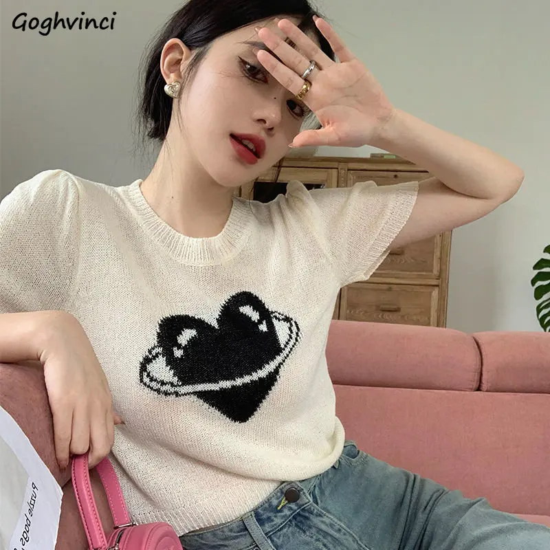 

Knitted T-shirts Women Loose Heart Printing All-match Summer Casual Streetwear Clothing Teens Soft Fashion Temper Chic Ulzzang