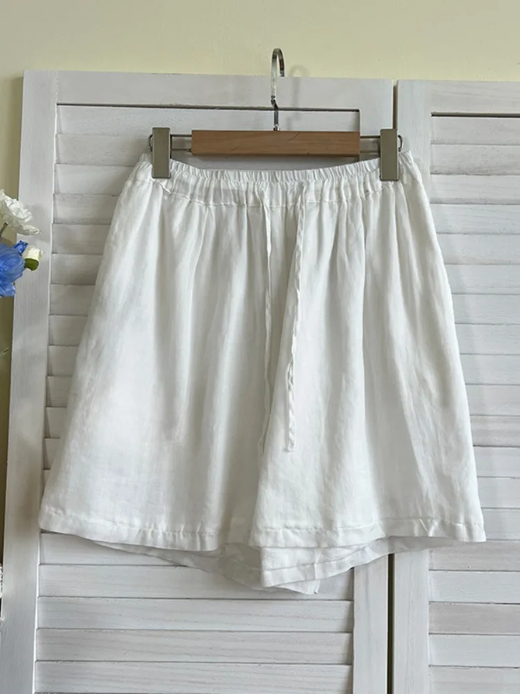 

Casual Cotton Linen Short Pants Women's Summer Drawstring High Waist A-Line Pure Color Versatile Linen Casual Straight Leg Ho...