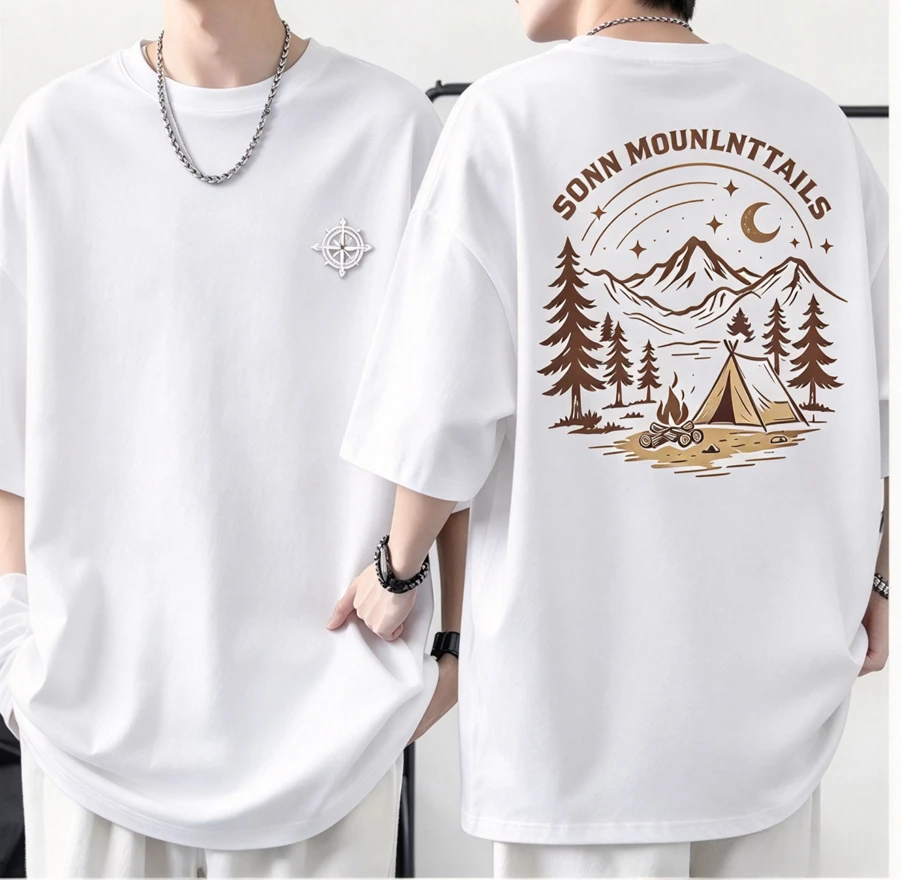 2026 Mountain Camping Double Sided Print T-Shirt Unisex Short Sleeve Black Tee Compass Front Forest Tent Night Scene  Oversized
