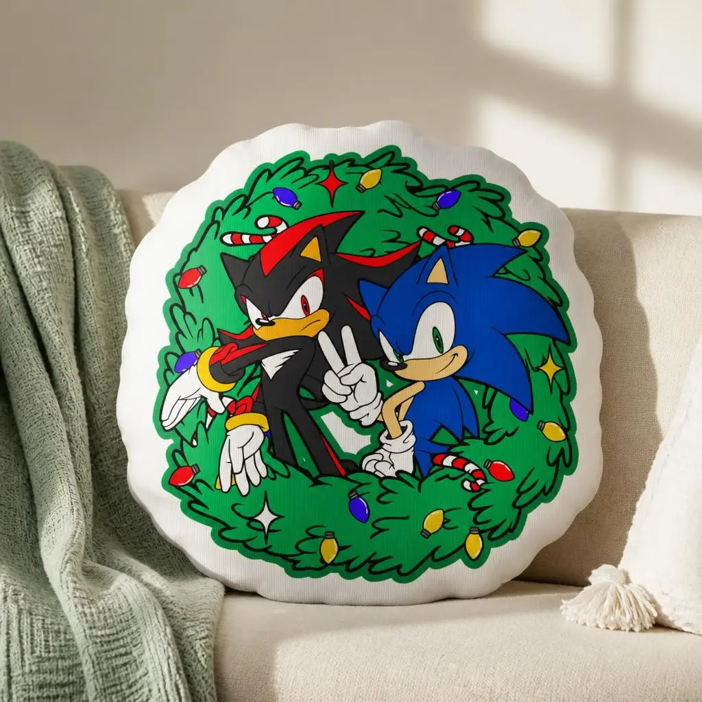 Sonic and Shadow Christmas Wreath Shaped Pillow Stuffed Cushion Holiday Throw Pillow Sofa Decor Gift for Video Game Fans