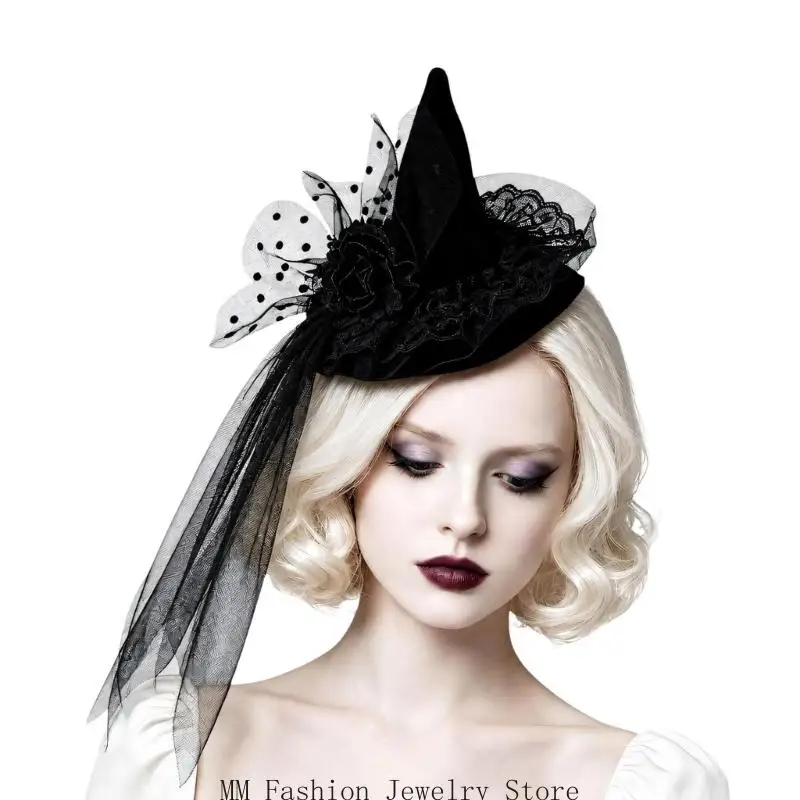 Clip-On Halloween Witch Hat Fascinator Headdress with Black Mesh Trim for Costume Party Wear and Themed Photo Use D0UB