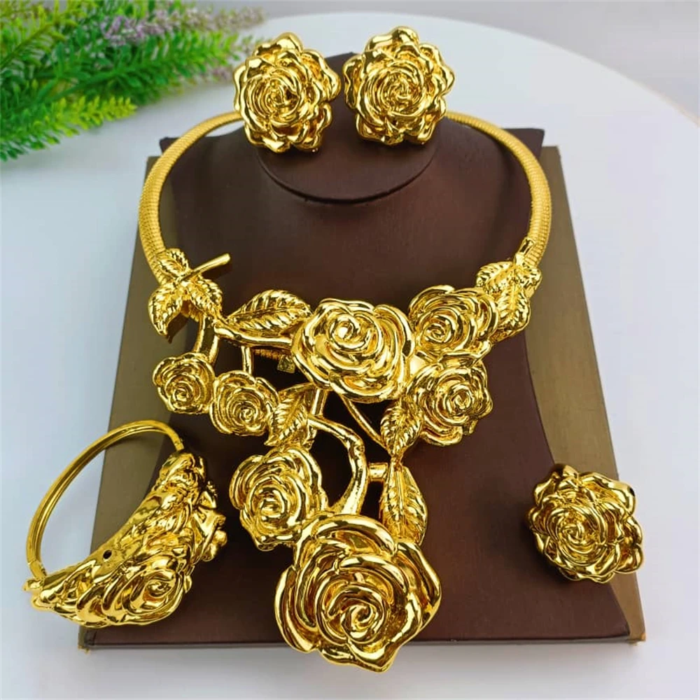 EMMA Fashion Italian Gold Plating Big Pendant Necklace Flower Shape Bracelet Earrings African Woman Jewelry Set