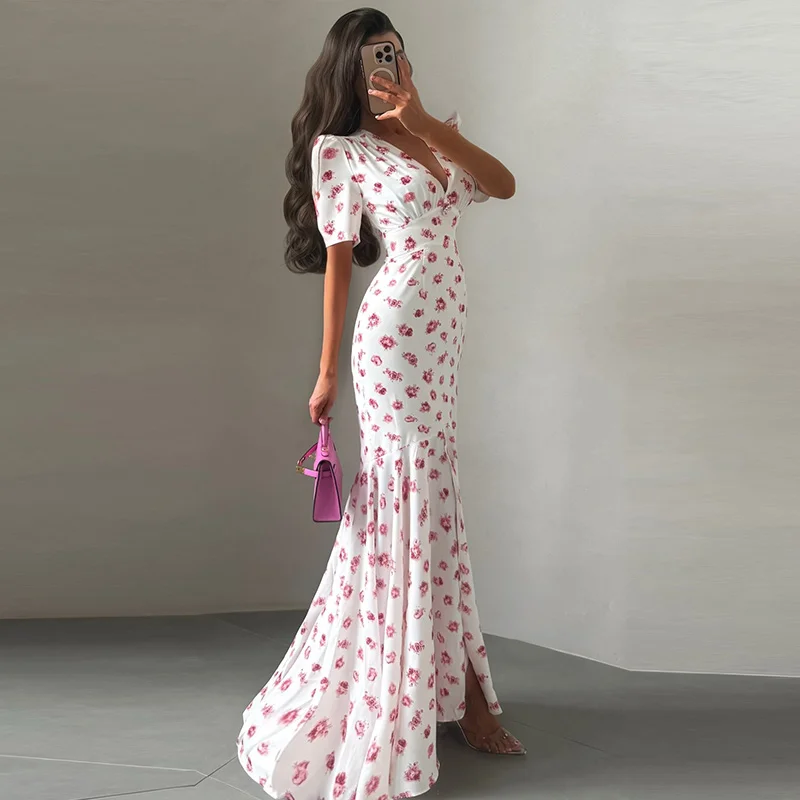Elegant Women's Floral Printed Dress Slim V Neck Short Sleeve Waist Cinching Long Fishtail Dresses 2026 Summer Lady Party Robes