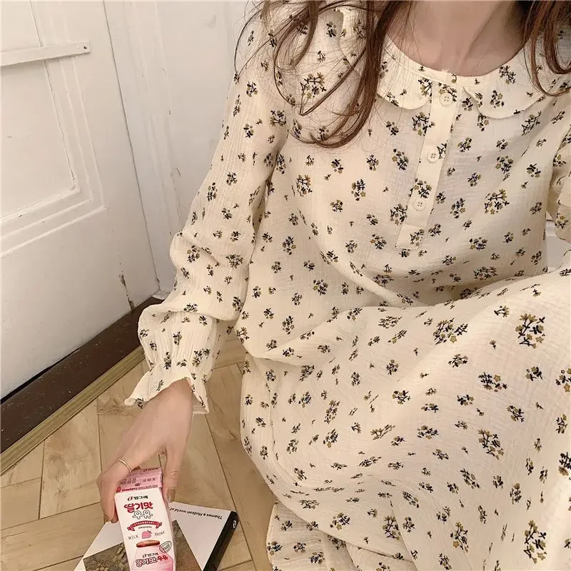 Floral Sleepwear Women Korean Nightgown Button Nightwear One Piece Pajamas Ruffles Autumn Sleepingpeter Pan Collar Night Dress