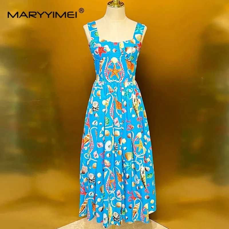 

MARYYIMEI Summer Women's Dress Square-Neck Spaghetti Strap Backless High Waiste Unique Print Pleated Cotton Dresses