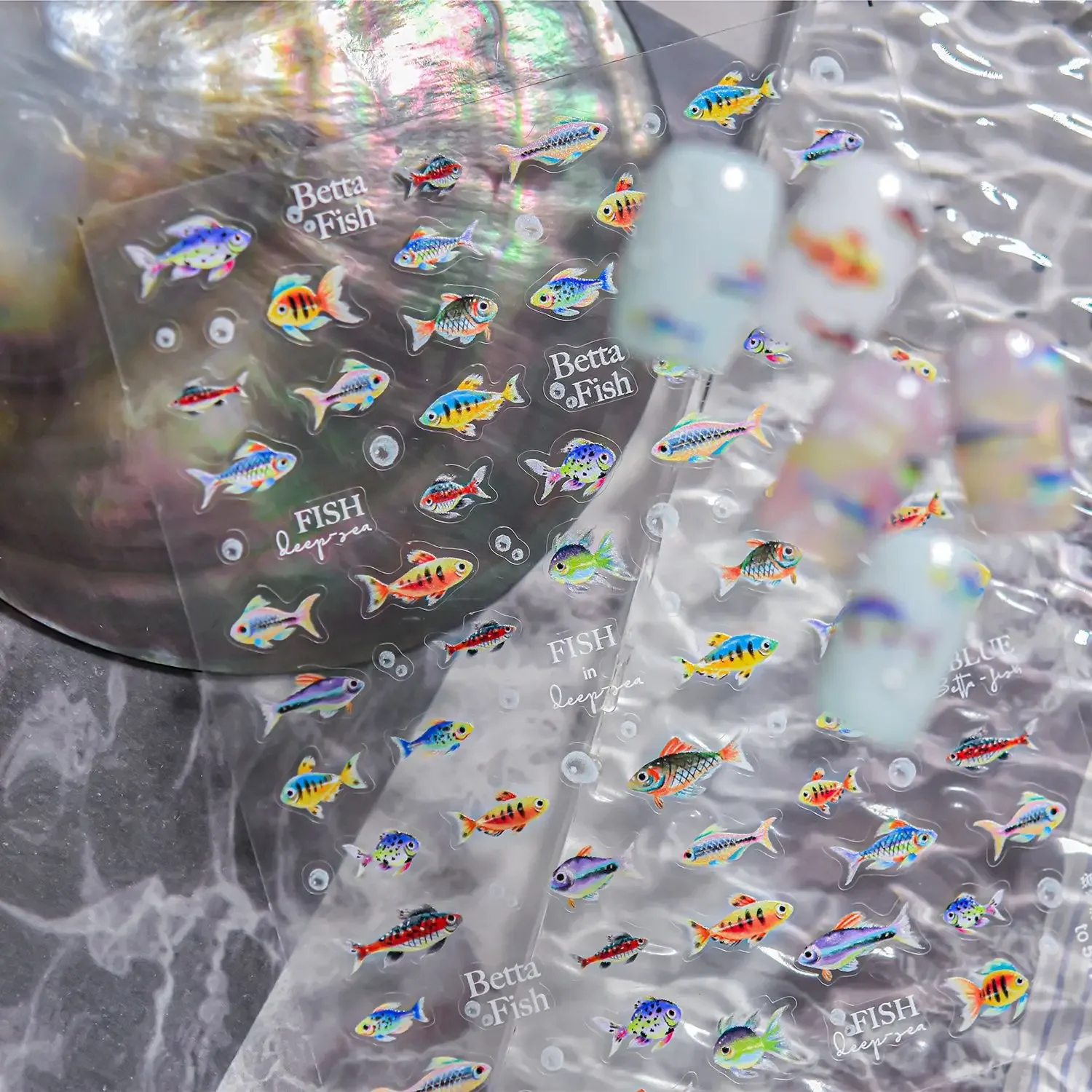 

Oceanic Deep-sea Fish Gorgeous Colorful Capelin Goldfish Brocaded Carp Koi Water Bubbles Betta Nail Art Stickers Manicure Decals