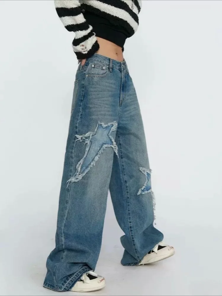 Deeptown Y2k Aesthetic Streetwear High Waist Wide Leg Pants American Retro Hip Hop Star Patchwork Loose Denim Trousers 2024 Chic