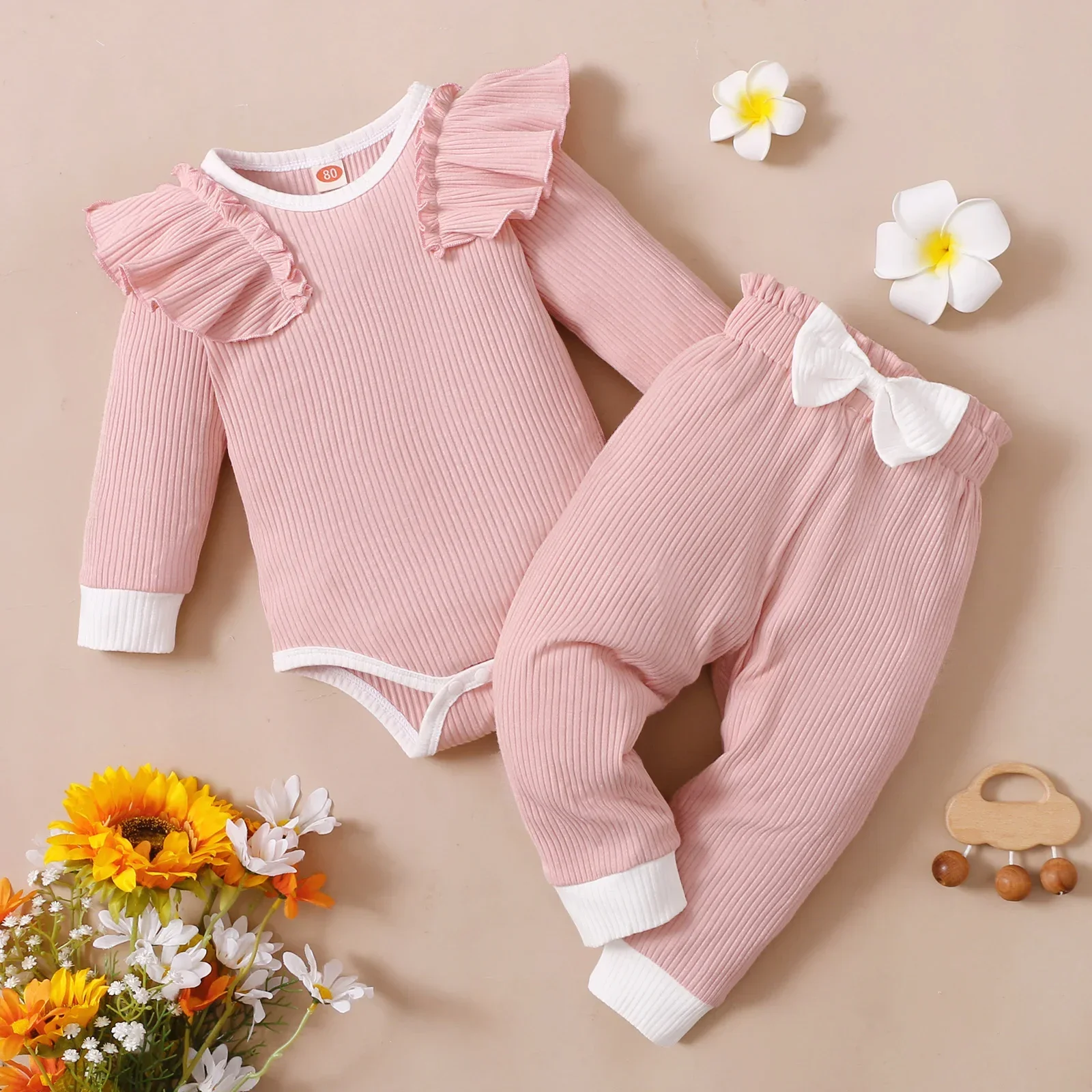 Nieuwe Baby Meisje Kleding Set Herfst Winter Peuter Meisjes Kleding Boog Roze Lange Mouw Romper + Broek Baby Mode Baby outfit