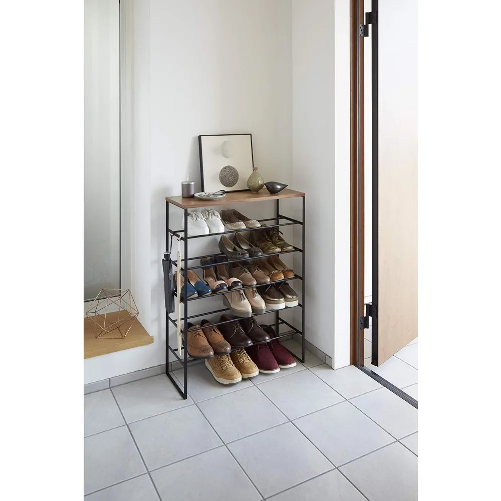 6 Tier Wood Top Steel Shoe Rack, One Size, Black & Hanger | Steel  Coat Rack, One Size,  for Foyer and Living Room，clothes Rack