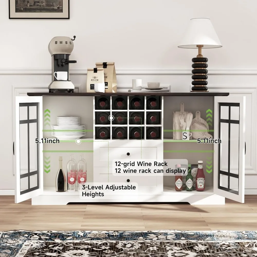 Bauernhaus-Buffetschrank mit Stauraum, großes 59-Zoll-Sideboard, Wein- und Kaffee-Barschrank mit 2 Glastüren, abnehmbares Weinregal, Bu