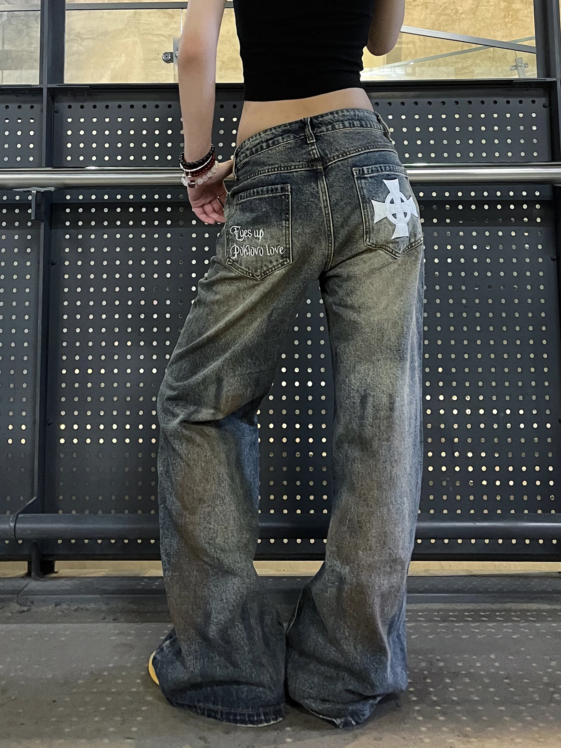 

Ретро-джинсы американского стиля с широкими штанинами для мужчин, модные повседневные джинсы в стиле High Street, молодежный тренд, джинсовые брюки.