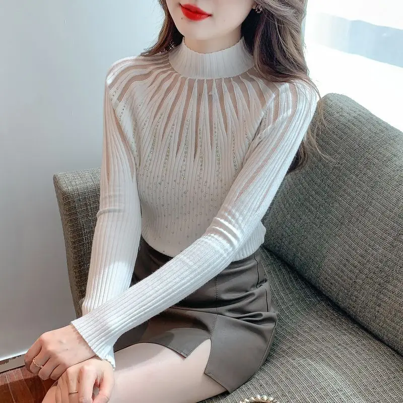 Camicia con fondo in pizzo per donna a maniche lunghe autunno inverno nuovo stile pullover slim fit top lavorato a maglia maglione attillato versatile