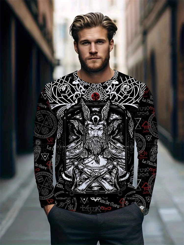 Men's Aztec Warrior Long Sleeve T-Shirt Totem Mask Graphic Tee Tribal Streetwear Casual Pullover Tops Gift New Fashion Hot view 4