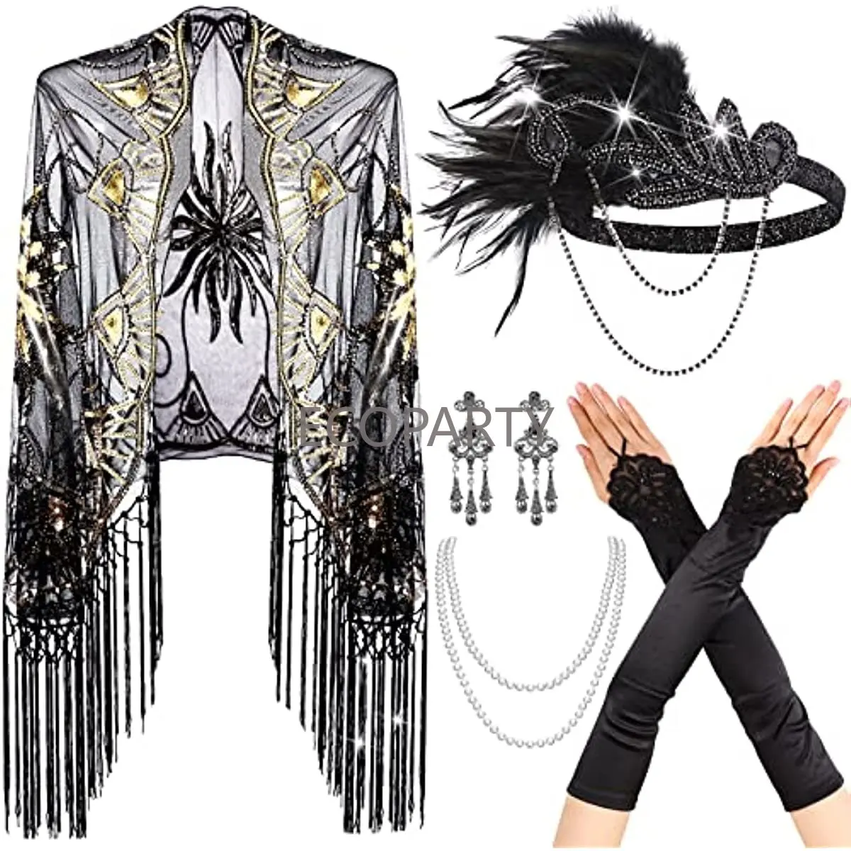 5 Pcs 1920s Accessories Set Flapper Feather Head with Pearl Necklace Earrings Gloves Tassels Evening Cape Women's Scarf Shawl