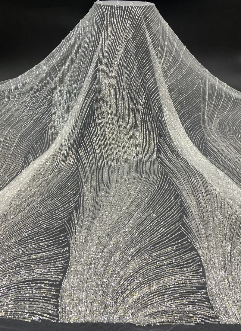 Gorgeous 3mm sequin bead tube embroidered mesh fabric for high-end wedding dresses gowns women's skirts fashion beaded fabrics