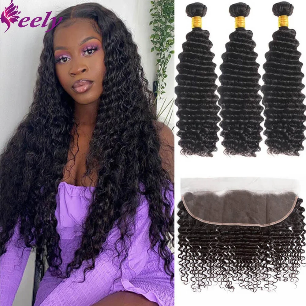 

Curly Human Hair Bundles With Closure Natural Black #1B Deep Wave Frontal 13x4 Lace For Woman Extension Weave Human Hair Tissage