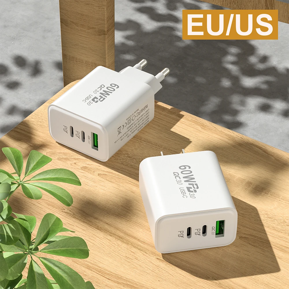 60W Fast USB C Charger 3Ports EU/US Plug Wall Phone Charger Adapter For iPhone Xiaomi Huawei Samsung  USB Type C Phone Charger