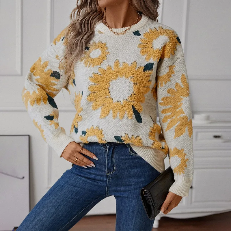 

Women Sweater Round Neck Sunflower Jacquard Pullover Autumn & Winter New Fashion Women's Long Sleeved Cozy Casual Knitted Top