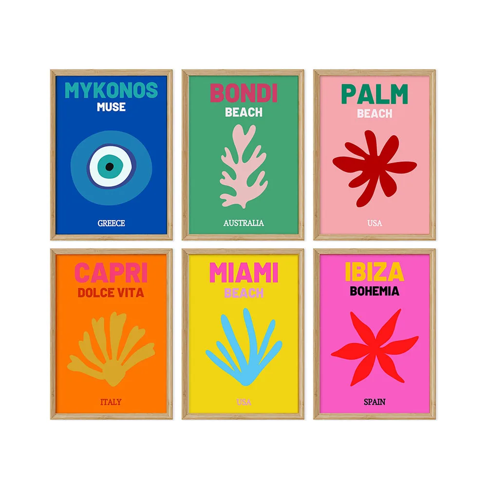 Colorful Travel Print Poster Set Gallery Boho Art Maximalist Canvas Painting Mykonos Ibiza Miami Travel Pictures for Home Decor