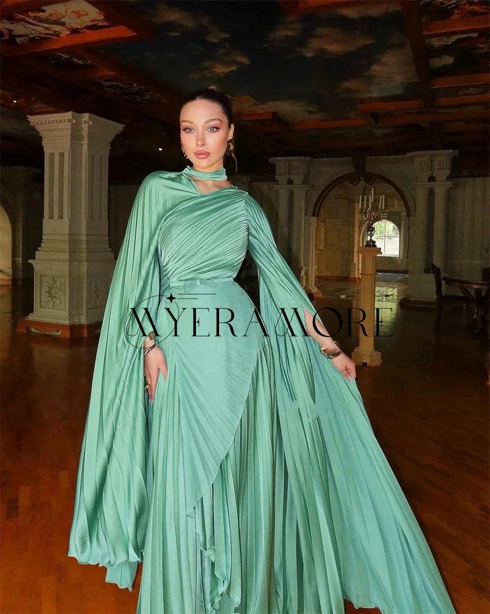 High Quality Green V-Neck Evening Dresses Long Sleeves A-Line Pleat Prom Dresses Customized robes de soirée