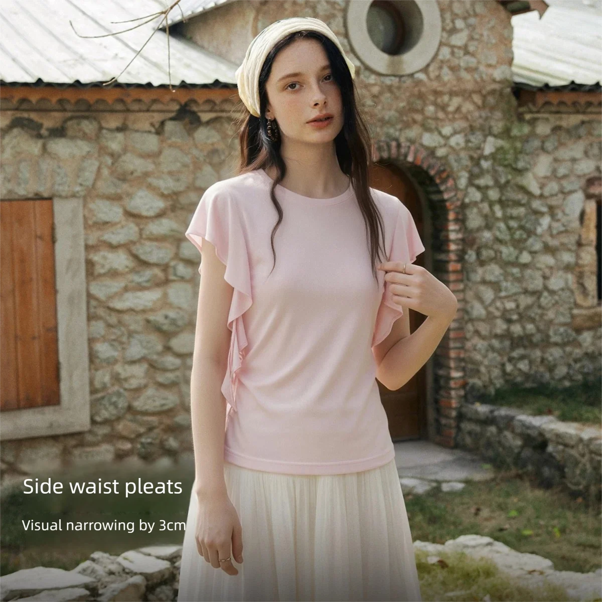OLrain Elegant Asymmetric Ruffle Sleeve T-shirt 2026 Summer Round Neck Side Ruched Loose Straight Knit Top Women O58XT005093