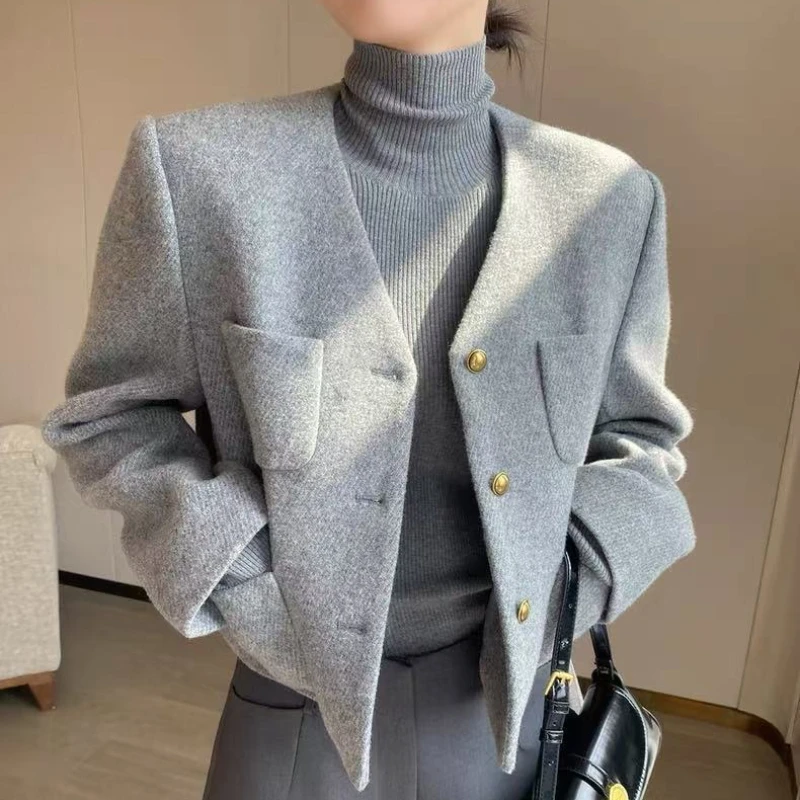 Abrigo de lana gris de alta calidad para mujer, chaqueta de invierno con bolsillo Retro y un solo pecho, Tops elegantes de manga larga para oficina para mujer