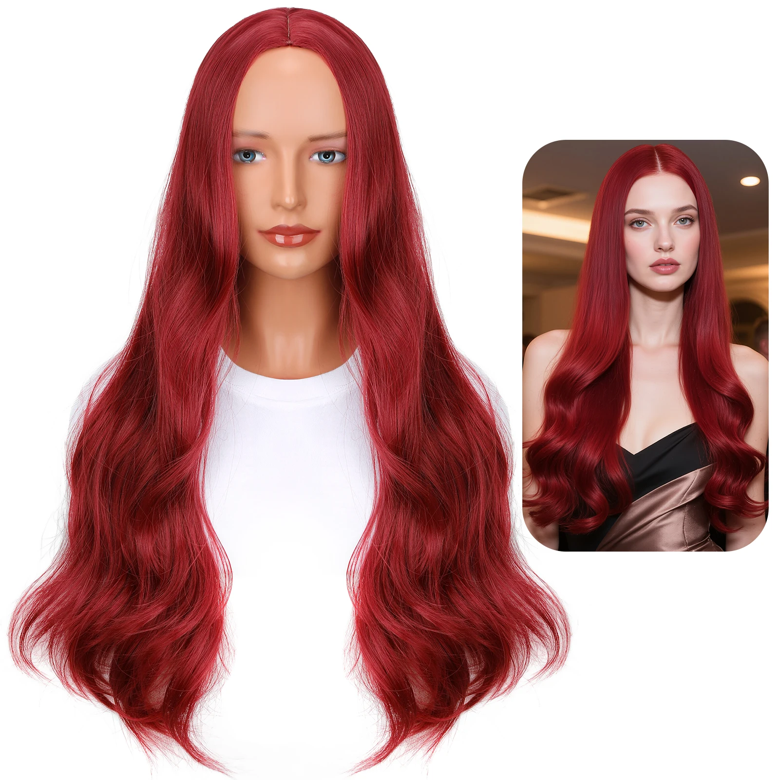Wavy Wig Stunning Cosplay Costume for Women 26 inch Wine Red Middle Part Synthetic Hair Realistic Long Wigs for Party
