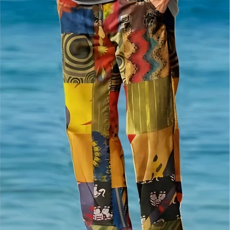 2025 الصيف الرجال الشاطئ سراويل تقليدية ريترو مطبوعة فضفاض مستقيم السراويل الرباط مطاطا الرجال الربيع ملابس خفيفة الوزن