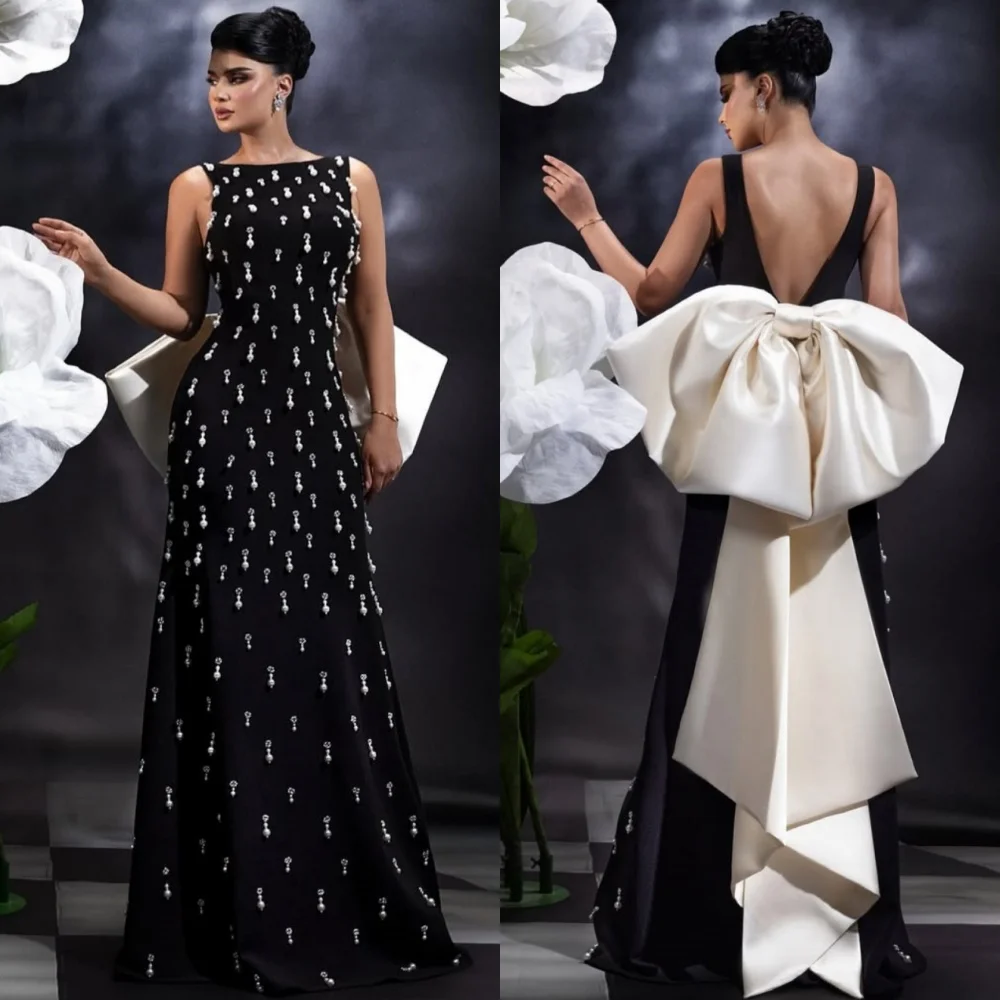 

Customized Modern Style Formal Jersey Rhinestone Bow Straight Scoop Neck Long Dresses Bespoke Occasion Dresses Sizes Available