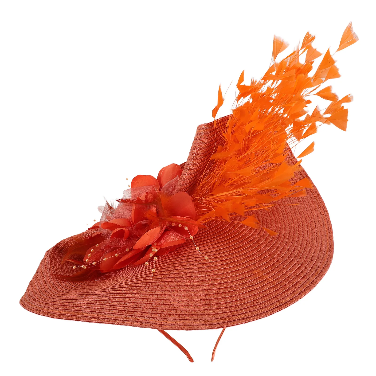 Exaggerated Orange Women Fascinator Hat Headband Vintage Tea Party Bridal Wedding Cocktail Floral Plume Party Outfit
