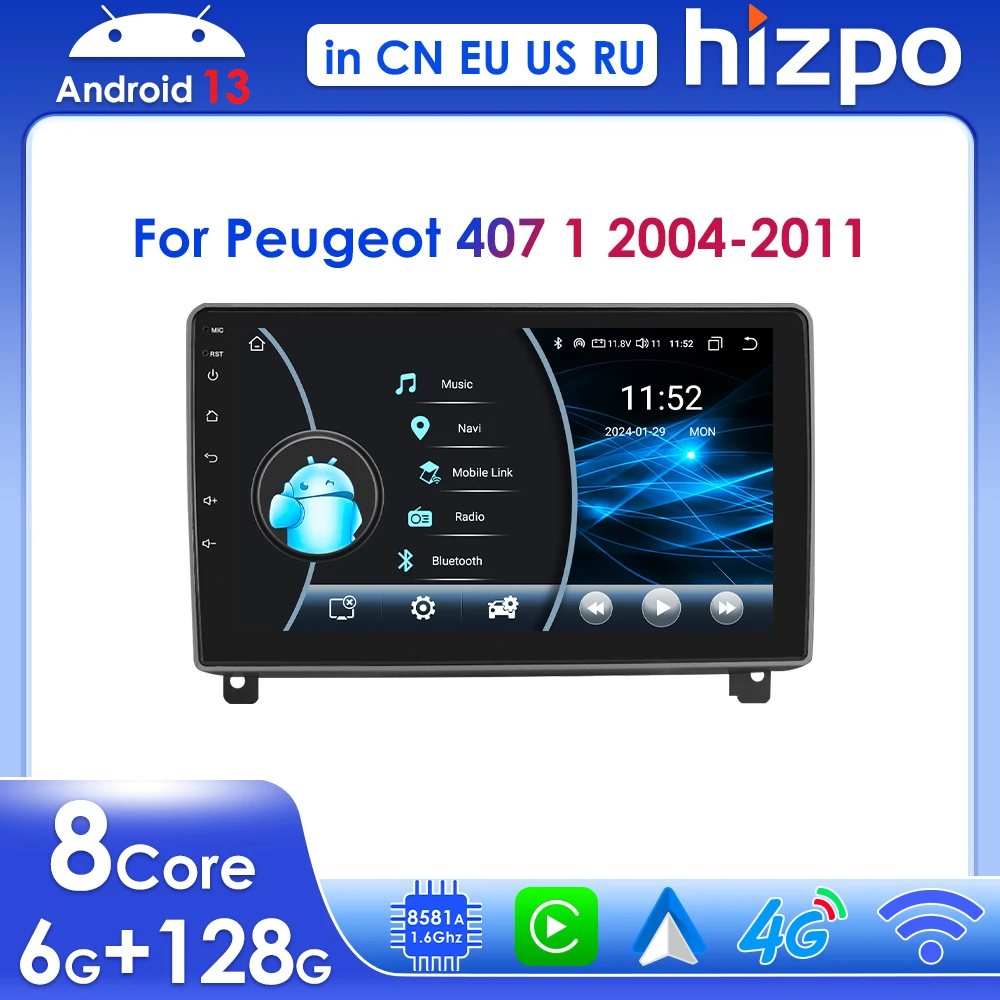 

Hizpo 9" Radio Stereo Android 13 for Peugeot 407 1 2004-2011 Wireless Carplay Car Multimedia Player Navi GPS DSP RDS BT 4G 2 Din