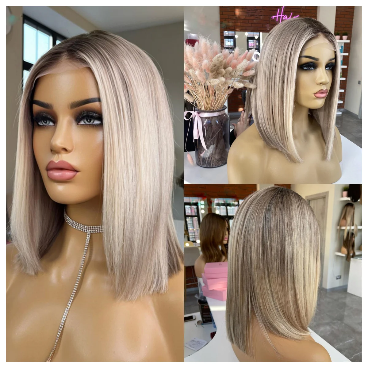 

Blonde Short Bob 13x4 Ombre Highlights Lace Front Human Hair Wigs HD Transparent Baby Hair Pre-Plucked Glueless Bleached Rnots